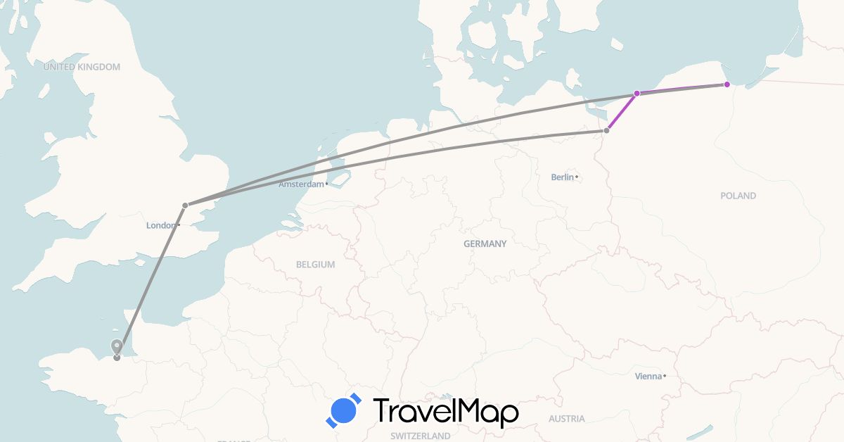 TravelMap itinerary: driving, plane, train in France, United Kingdom, Poland (Europe)