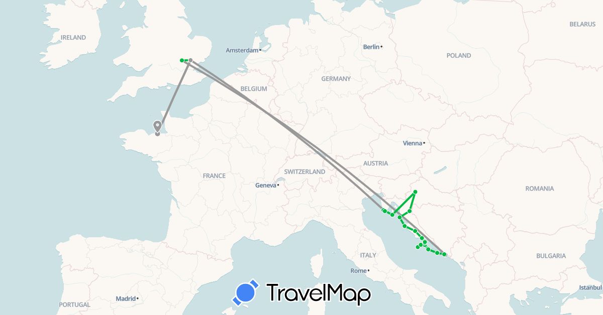 TravelMap itinerary: driving, bus, plane in France, United Kingdom, Croatia (Europe)