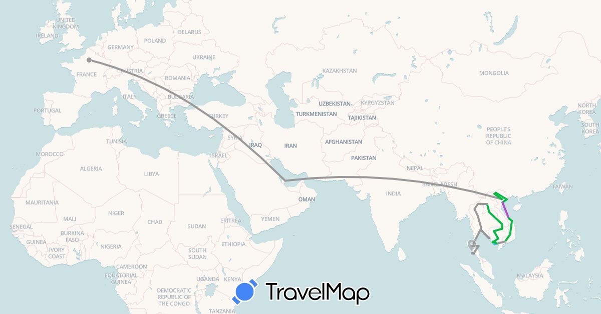 TravelMap itinerary: driving, bus, plane, train, boat in France, Cambodia, Laos, Qatar, Thailand, Vietnam (Asia, Europe)